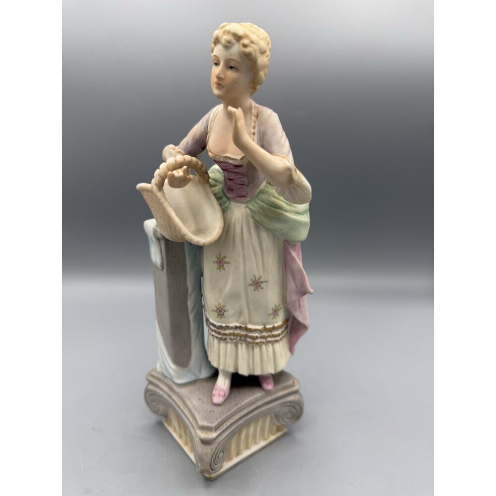 Vintage Porcelain Lady Figurine Victorian Woman Basket Column Pastel 9”